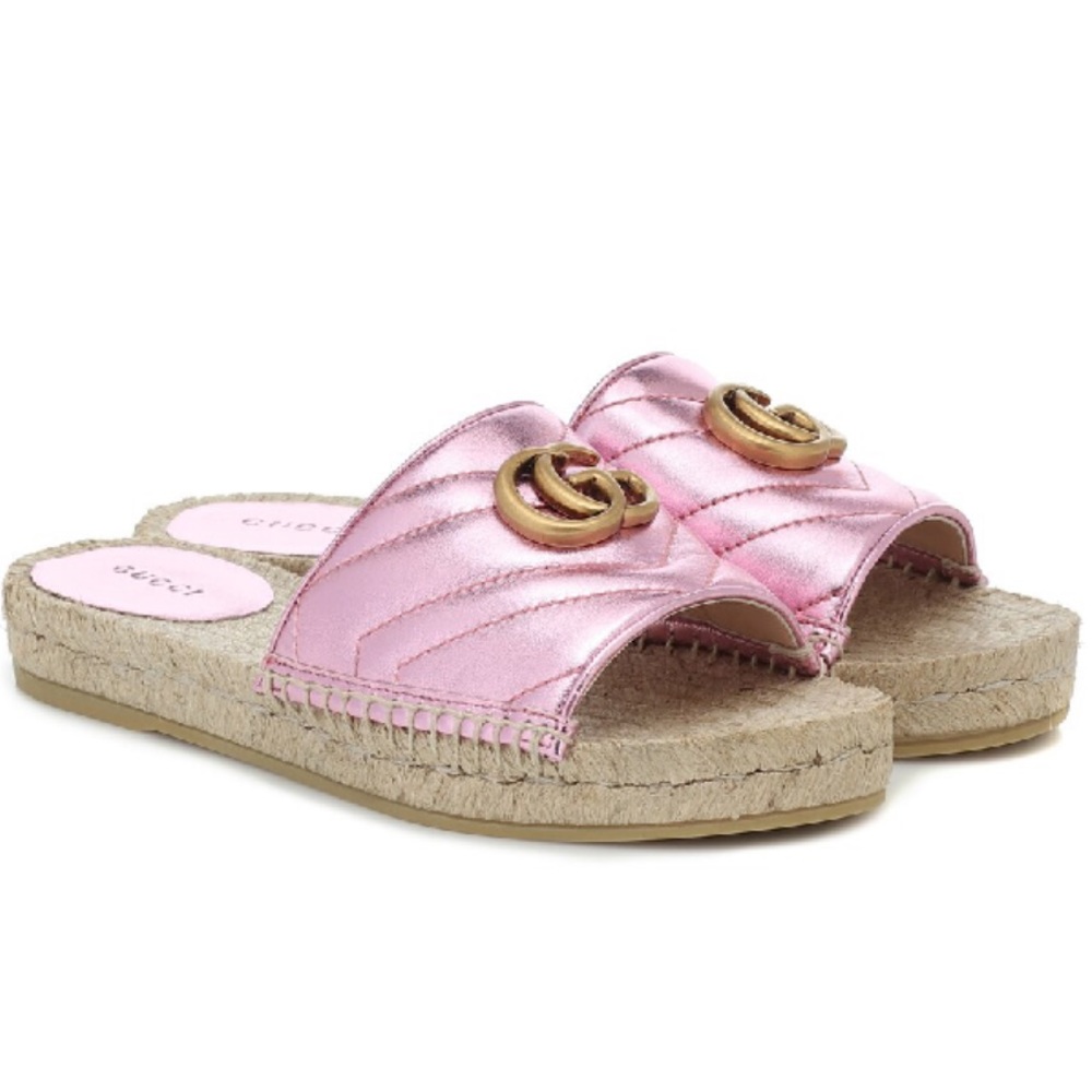 Gucci Pink Metallic Leather Espadrille Sandals